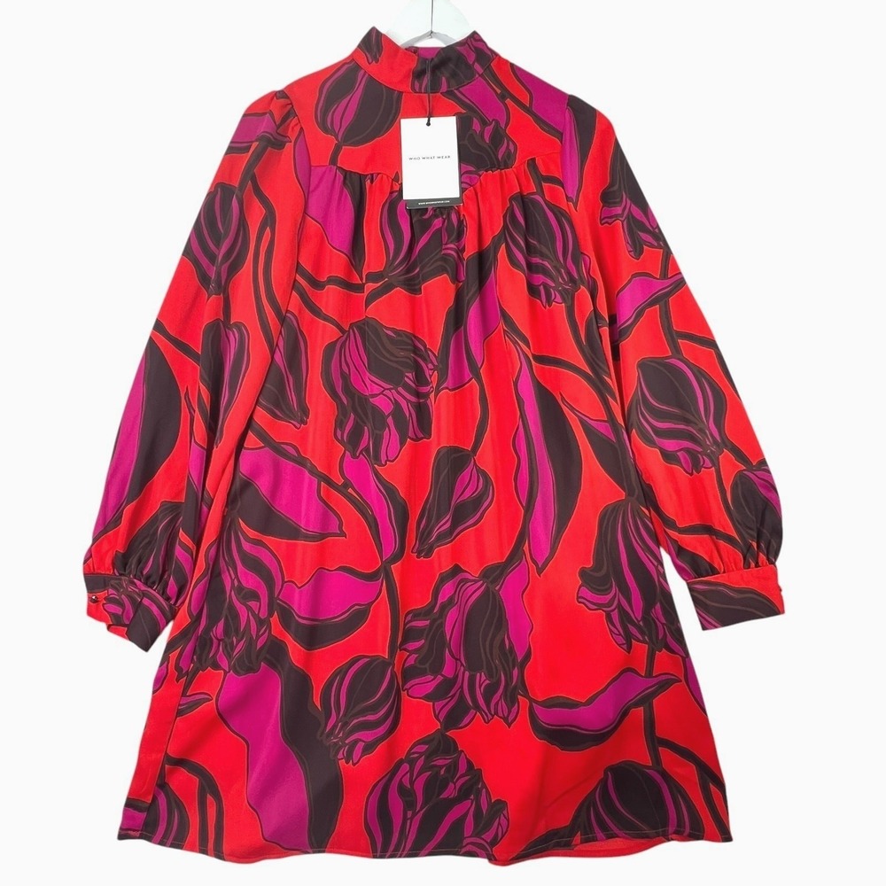 Who What Wear Floral Shift Dress XS Mock Neck Long Sleeve Red Magenta Print